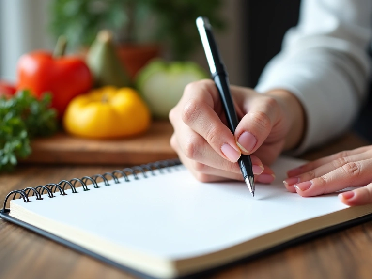 Osoba wypełniająca dzienniczek żywieniowy z notesem i długopisem