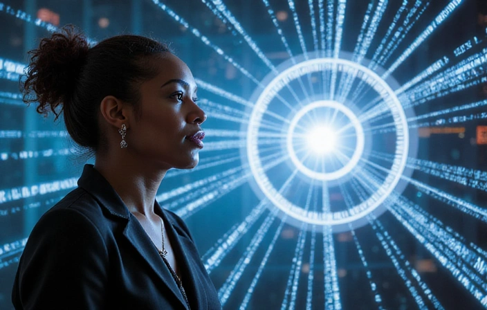 Image of a visionary leader looking towards a bright, innovative future, surrounded by abstract representations of data, research, and progress.